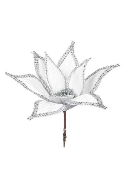 Zumzeria White Velvet Christmas Decorative Flower with Silver Rhinestones & C...