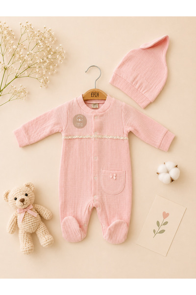 Efia Baby %100 Pamuklu 3-6 Ay Müslin Örme Dantelli Kız Bebek Tulum Takım