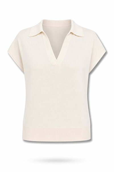5in1Canpolat Cream Polo Collar Mercerized Knitwear 261057