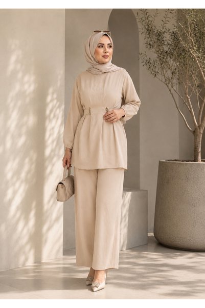 ASTEMİA Women's Gold Brooch Detailed Two-Piece Hijab Suit with Adjustable Waist Pants Sb0036