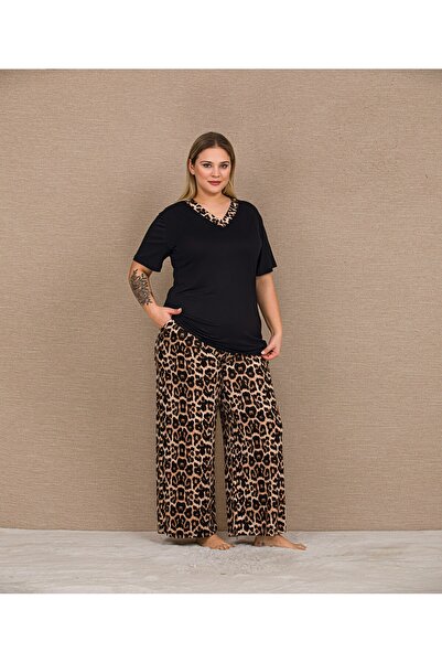 Viselya Patterned Short Sleeve Plus Size Pajama Set