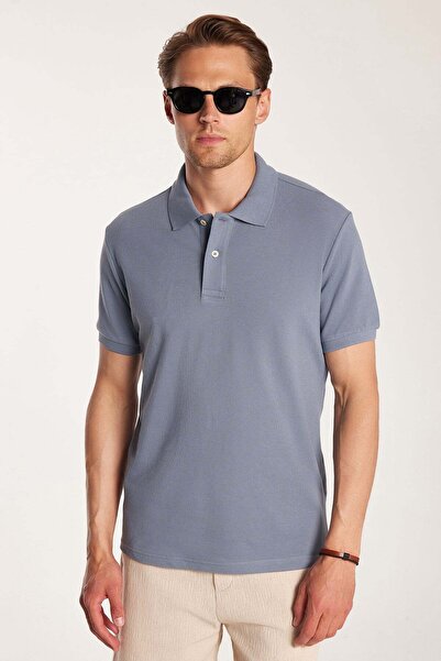 Tudors Erkek Slim Fit Dar Kesim %100 Pamuk Kısa Kollu Polo Yaka İndigo Tişört