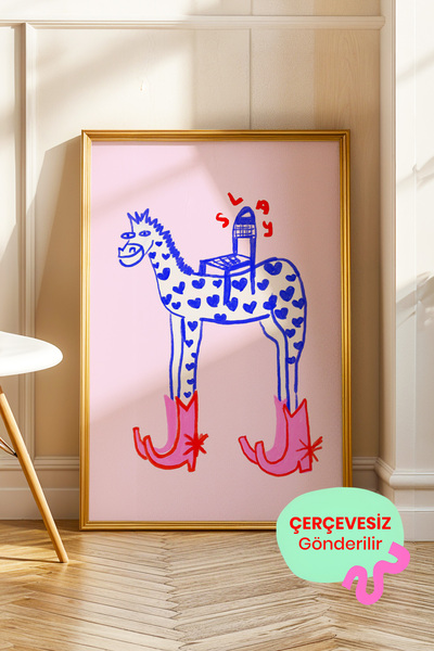ArtDropsco Renkli Kalpli At Poster Mizahi İllüstrasyon Duvar Dekoru Çerçevesiz