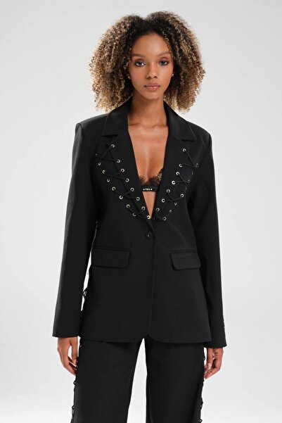 tw3 Women's Eyelet Lace Detailed Lined Design Blazer Jacket