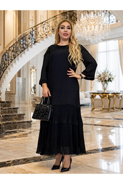 Yeşilmoda Kadın Büyük Beden Abiye Elbise Siyah Piliseli Şifon Krep Taş İşleme...