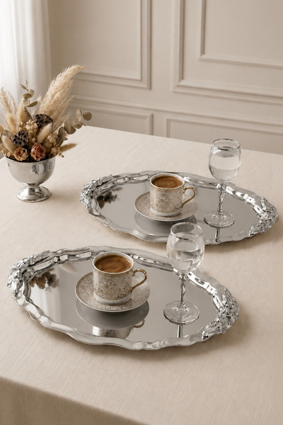 Kitchen Life Set de 2 tăvi de prezentare pentru cafea, ovale, din oțel inoxid...