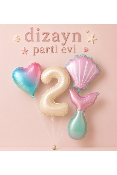 Dizayn Parti Evi Deniz Kızı Temalı 1-4 Yaş Folyo Balon Seti Krem Rakamlı Merm...