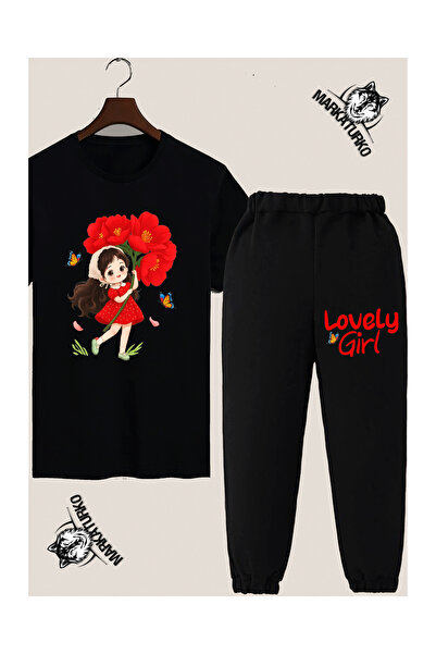 MarkaTurko Cute Girl Special Design Printed Black Children's T-Shirt-Sweatpan...
