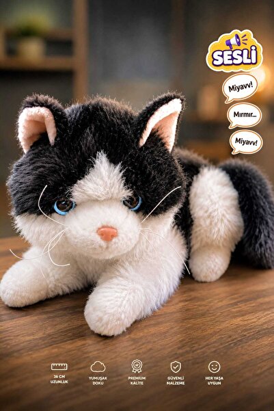 Fidan oyuncak Sevimli ve Gerçekçi Sesli Peluş Kedi - 36 cm Yumuşak Dokulu Pre...