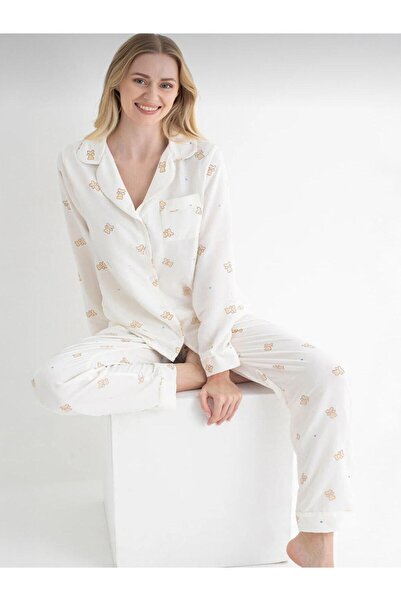DOFİ Women's Patterned S-Xl Pajama Set - Ecru