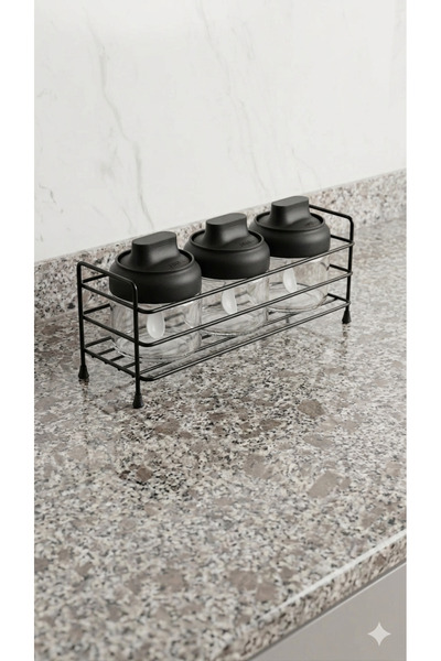 Countertop 3-Piece Spice Rack Set with Spoon - Glass Jar Set with Black Lid
