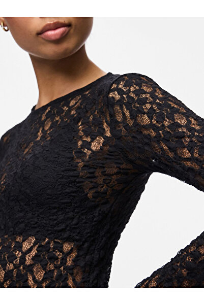 Vera Tekstil Kadın, Siyah Dantel Transparan Body Bluz Uzun Kollu Şık Fit Kesim