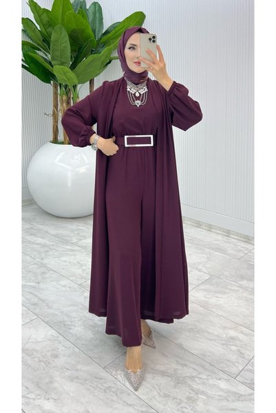 TARZ-I HAS BUTİK Bordo Premium Silva Tulumlu Abaya Takım Tesettür Giyim