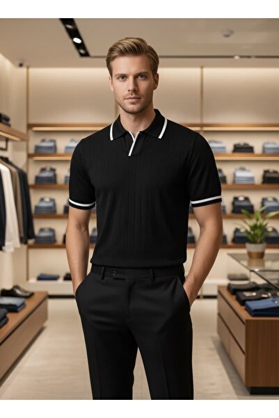 Yeblin Black Collared Knitwear T-Shirt