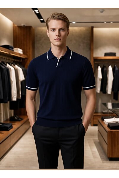 Yeblin Navy Blue Collared Knitwear T-Shirt