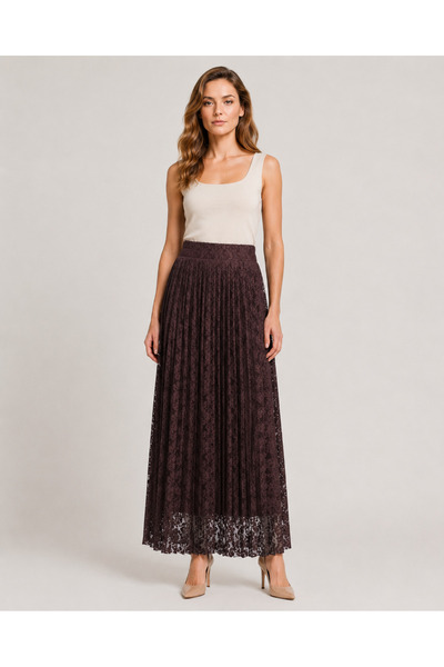 Ekol Plus Size Elastic Waist Lace Pleated Women's Skirt 25Ekl03065