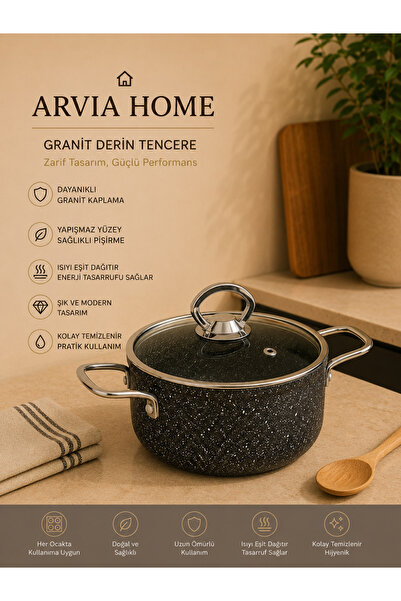 ARVİA HOME 12 Cm Granit Tencere Yanmaz Yapışmaz Mini Derin Tencere Cam Kapakl...