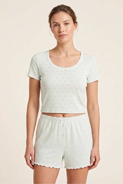 OBJE Women's Mint Ribbed Short Sleeve Pajama Top
