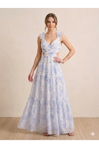 Aska Butik Sırt ve Bel Pencereli Volanlı Yazlık Elbise