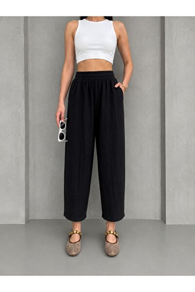 OYYOMODA Premium Quality Sweat-Proof Muslin Fabric Carrot Shape Pants (Black)