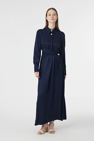 Zühre Shirt Collar Belted Patterned Navy Blue Dress 0596