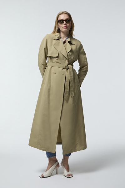 Zühre Classic Collared Green Trench Coat with Belt 13560