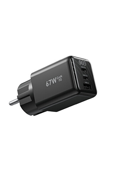 QCY 67W Şarj Cihazı 3 Portlu GaN Hızlı Şarj Adaptörü - 2x Type-C + 1x USB-A