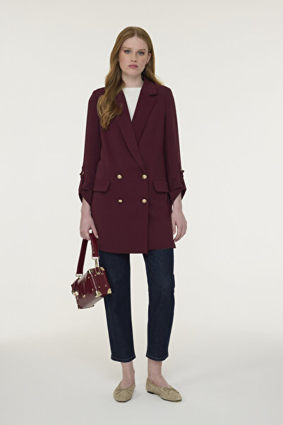 Zühre Double-Breasted Collar Sleeve Detailed Burgundy Jacket 0002