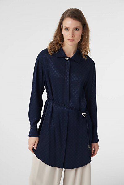 Zühre Jacquard Patterned Belt Detailed Navy Blue Tunic 1670