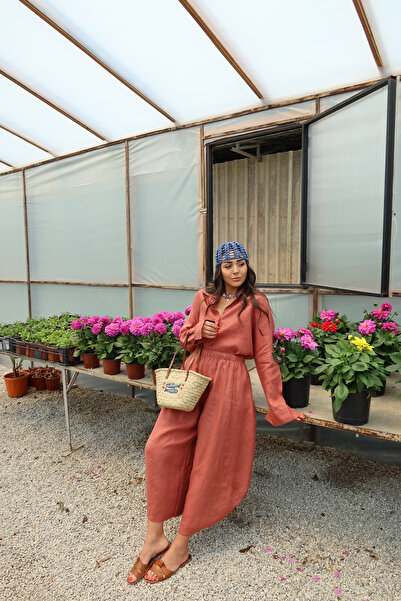 Özge Özgenç Part-Stitched Wide Fit 100% Linen Trousers