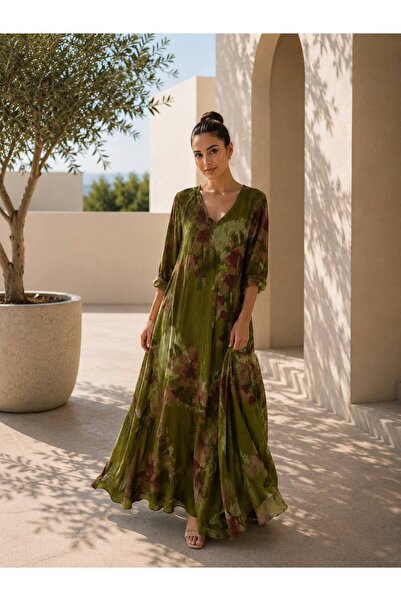 espoire butik kadın italyan keten çiçekli desenli kloş elbise uzunluğu 150 cm...