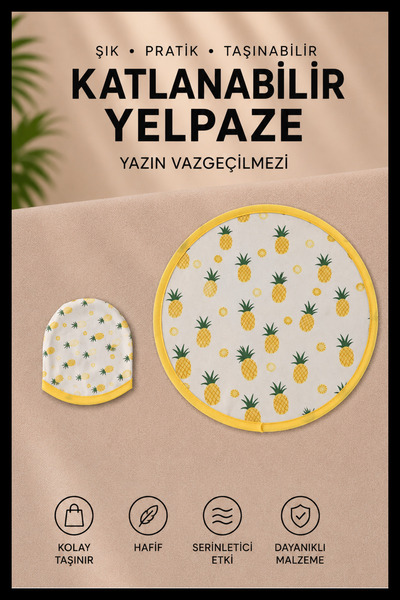 MAZEN Ananas Desenli Katlanabilir Yuvarlak Yazlık Taşınabilir El Yelpazesi