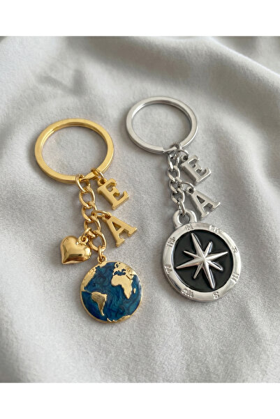 PURE BERRY Double Keychain with Initial Letter Attached Compass and World (Sp...