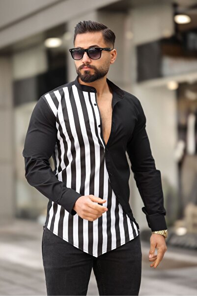 BAYIM Erkek Slim-Fit Hakim Yaka Kontrast Çizgi Panelli Premium Lüks Gömlek