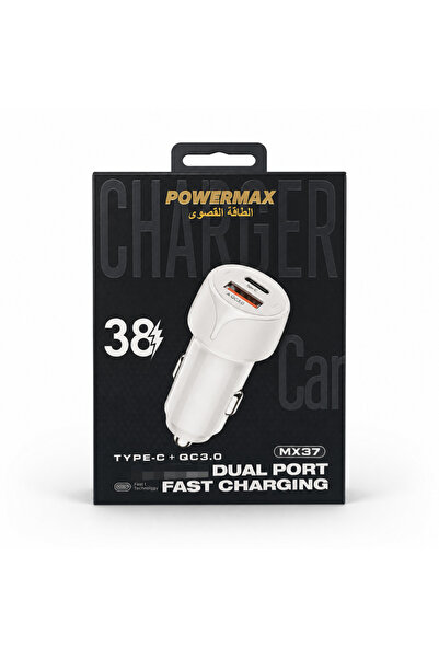 lam3a شاحن سيارة سريع باورماكس MX37 بقوة 38W منفذين Type-C + QC 3.0