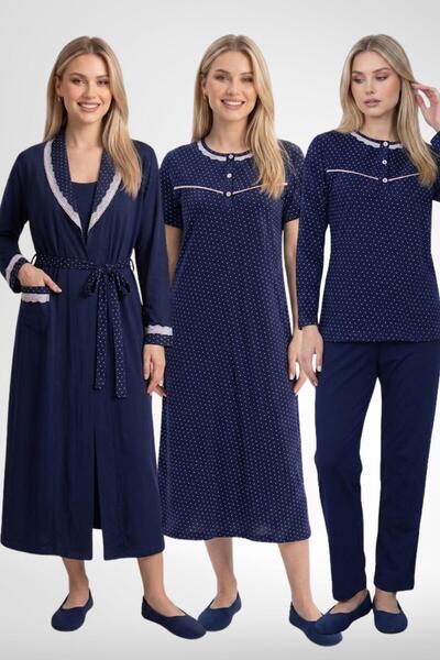 Mecit Pijama Mecit 6393 Navy Blue 100% Cotton Pink Polka Dot Women's Dressing...