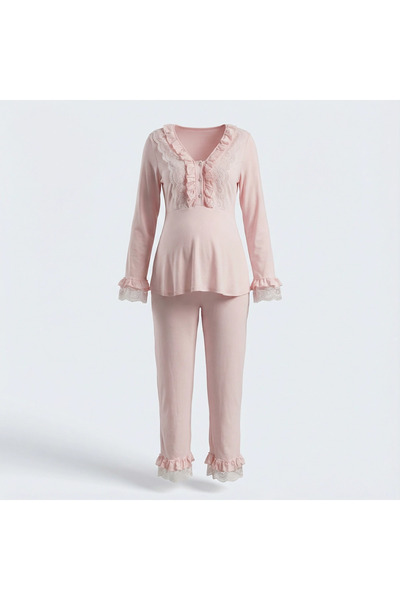 Lady Lingerie Maternity Pajama Set 2 Piece – Long Sleeve Lace Detail Nursing ...