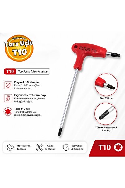 Eltos TT010 T Tipi Torx Uçlu T10 Krom Kaplamalı Çelik Torx Alyan Anahtar Alle...