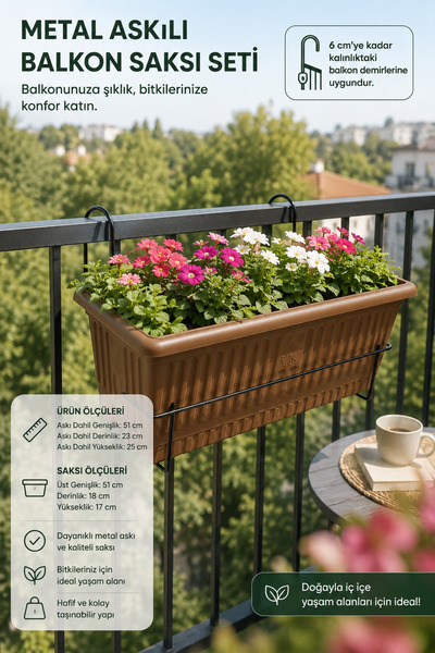 Binbirreyon Standlı Balkon Metal Askılı Saksı 51cm Askılı Balkon Saksısı 6cm ...