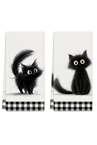 Choice 2pcs black 2Pcs, Black and White Checkered Black Cat Kitchen Towels, 4...