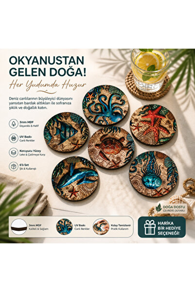 HG Home&Game Set of 6 Sea-Themed Coasters – 3mm Mdf Uv Printed Decorative Woo...