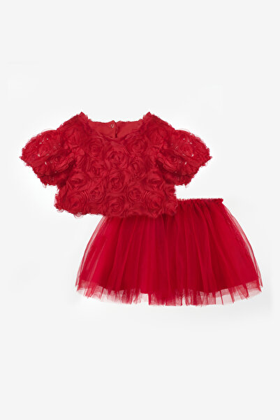 Le Mabelle Red Rose Detailed Cropped Tulle Skirt Girls' Two-Piece Set - Sabrina