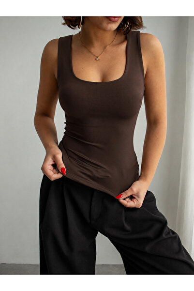 CrepTekstil Crep Women's U-Neck Micro Fabric Body-Hugging Athlete Bodysuit Brown