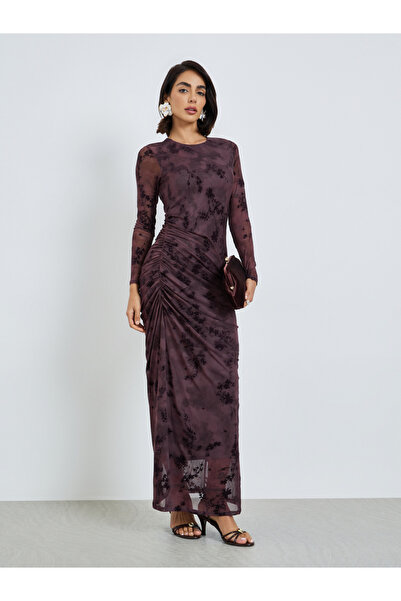 Styli Magenta Floral Mesh Bodycon Maxi Dress