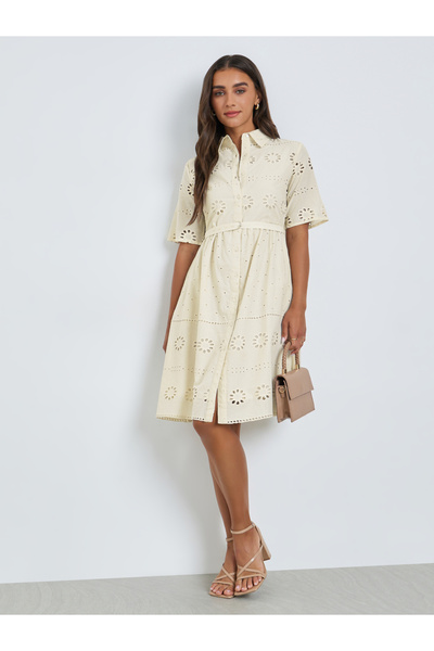 Styli Off White Schiffli Shirt Collar Mini Dress