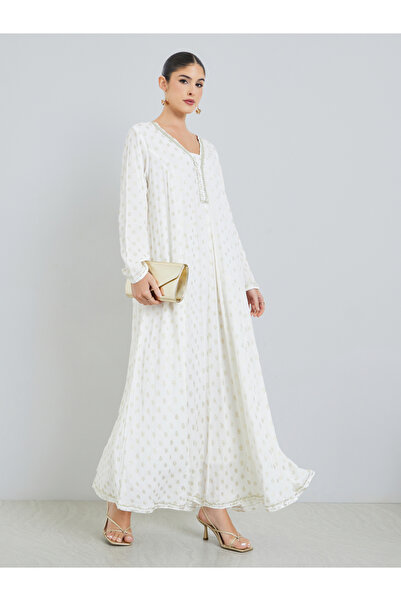 Amirah By Styli White Foil Print Long Sleeves Jalabiya