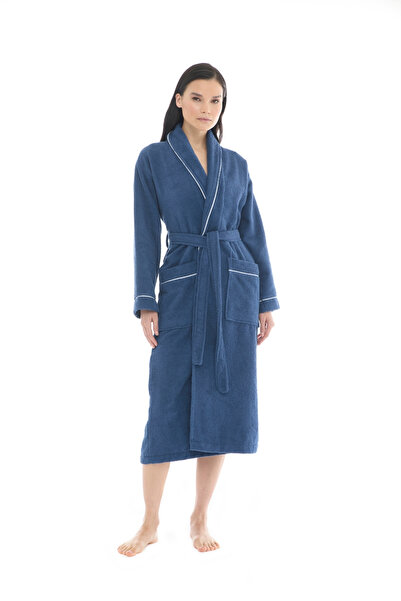 Seritaine Gaia Şalyaka Women's Bathrobe - Medium Blue with Stripes, 100% Cotton