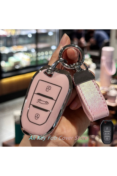 Choice9 غطاء مفتاح وردي اللون مع سلسلة مفاتيح لسيارات بيجو 2008، 3008، 4008، ...