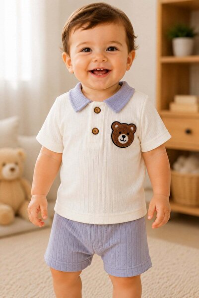 dinamik çocuk Baby boy teddy bear embroidered polo collar openwork 2-piece su...