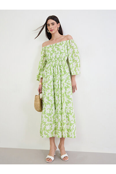 Styli Green Off Shoulder Cotton Tiered Maxi Dress